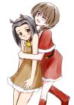  00s 2girls ;d ankle_boots antlers arima_nana bare_arms bare_shoulders bell bell_choker belt black_hair blush boots braid brown_dress brown_hair capelet choker christmas cowboy_shot dress fur_trim hairband head_tilt hug hug_from_behind looking_at_viewer maria-sama_ga_miteru multiple_girls nijou_noriko one_eye_closed open_mouth reindeer_antlers santa_boots santa_costume sasaki_akira_(ugc) shimazu_yoshino short_hair short_hair_with_long_locks sidelocks simple_background sleeveless sleeveless_dress smile twin_braids white_background 