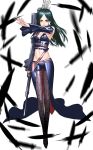  1girl alicia_(bullet_witch) alicia_claus aq_interactive blue_eyes bullet_witch cavia detached_sleeves feathers green_hair gun long_hair long_sleeves looking_at_viewer midriff mole navel pants pose sakamoto_mineji serious simple_background solo stomach weapon white_background 