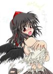 1girl bare_shoulders black_hair black_wings blush embarrassed female hat looking_at_viewer midriff open_mouth red_eyes shameimaru_aya short_hair solo tearing_clothes torn_clothes touhou wings 