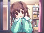  1girl arm_support blush bra-ban! brown_hair chin_rest game_cg hands_on_own_face kobuichi long_hair nakanoshima_tae open_mouth pajamas polka_dot red_eyes smile solo tareme 