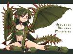  1girl black_panties capcom espinas fingerless_gloves gloves green_hair monster_girl monster_hunter monster_hunter_frontier panties personification solo tail tamura_hiro underwear wings 