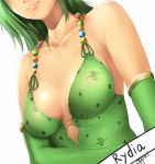  1girl akamaru bare_shoulders breasts character_name cleavage elbow_gloves final_fantasy final_fantasy_iv gloves green_hair head_out_of_frame lips lowres rydia smile solo upper_body 