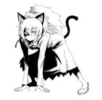  1girl all_fours animal_ears cat_ears cat_tail darker_than_black dress hair_between_eyes lowres monochrome oso_(toolate) ponytail shoes solo tail yin 