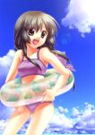  1girl bikini black_hair blue_sky brown_eyes clannad clouds ibuki_fuuko innertube lens_flare open_mouth purple_bikini satomi_yoshitaka sky solo swimsuit transparent 