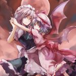  2girls bat_wings braid cloe_(rrmlauqoie6) clouds dress female full_moon hand_holding hat interlocked_fingers izayoi_sakuya looking_at_viewer maid maid_headdress moon multiple_girls night open_mouth red_eyes red_moon red_sky remilia_scarlet short_hair silver_hair sky smile touhou twin_braids vampire wings 
