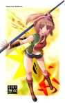  1girl :d boots brown_boots brown_eyes brown_hair cosplay full_body hits holding holding_weapon kimi_kiss knee_boots looking_at_viewer nyazui open_mouth polearm ponytail rod running sakino_asuka shin_sangoku_musou short_shorts shorts smile solo staff weapon 