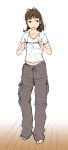  akizuki_ritsuko baggy_pants barefoot braid glasses holding holding_glasses idolmaster long_image messy_hair pants shirt side_braid t-shirt tall_image tamaoki_benkyou 