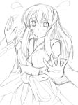  1girl dress flying_sweatdrops hanyuu higurashi_no_naku_koro_ni long_sleeves looking_at_viewer monochrome outstretched_arm ribbon ribi simple_background sketch solo surprised white_background wide-eyed wide_sleeves 
