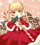  00s 1girl blonde_hair blue_eyes candy candy_cane capelet christmas dress frills fur_trim holding long_hair looking_at_viewer mizunomoto red_dress rozen_maiden santa_costume shinku sidelocks solo sweets twintails very_long_hair 