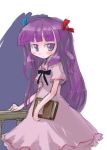  1girl alternate_costume blue_ribbon blush book dress female hair_ribbon long_hair looking_at_viewer patchouli_knowledge purple_hair red_ribbon ribbon short_sleeves simple_background sketch solo standing table tao tao_(kadoya) touhou violet_eyes white_background 
