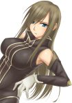  1girl bangs big_wednesday blue_eyes blush breasts brown_hair dutch_angle gloves hair_over_one_eye large_breasts long_hair looking_at_viewer parted_lips simple_background sleeveless solo swept_bangs tales_of_(series) tales_of_the_abyss tear_grants white_background 