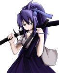  blue_hair hair_ribbon hakama haori japanese_clothes katana kawamuraya mouth_hold ribbon sword weapon 