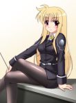  1girl blonde_hair blush fate_testarossa legs_crossed lyrical_nanoha mahou_shoujo_lyrical_nanoha mahou_shoujo_lyrical_nanoha_strikers military military_uniform narutaki_shin pantyhose red_eyes sitting solo uniform 