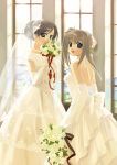  2girls blue_eyes bouquet bride dress elbow_gloves flower gloves highres multiple_girls naruse_chisato original wedding_dress wife_and_wife yuri 