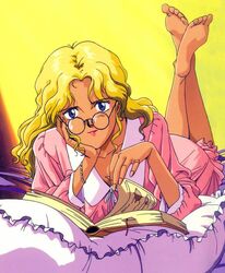  90s barefoot bed blonde_hair blue_eyes book dress electra fushigi_no_umi_no_nadia glasses 