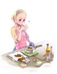  1girl apron blonde_hair chocolate cooking forehead hairband original pot sleeves_rolled_up solo violet_eyes weno weno&#039;s_blonde_original_character 