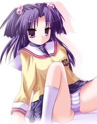  1girl clannad hair_bobbles hair_ornament ichinose_kotomi long_hair panties pantyshot purple_hair safi school_uniform serafuku solo spread_legs striped striped_panties two_side_up underwear violet_eyes 