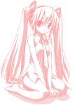  1girl barefoot bottomless hatsune_miku hoshi_umi kneeling long_hair monochrome oekaki pink sketch solo very_long_hair vocaloid 
