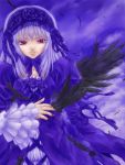  00s 1girl black_wings dress frilled_sleeves frills hairband lolita_hairband long_sleeves looking_at_viewer purple_dress rozen_maiden solo suigintou upper_body wings 