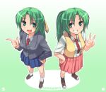  2girls character_name green_hair half_updo higurashi_no_naku_koro_ni multiple_girls school_uniform serafuku shue siblings sisters skirt sonozaki_mion sonozaki_shion twins 
