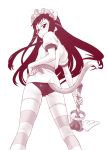  1girl ar_tonelico ar_tonelico_ii black_hair buruma glasses gust gym_uniform jakuri kouda_tomohiro looking_back monochrome simple_background solo striped striped_legwear tail thigh-highs wand 