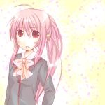  1girl :o ahoge bow bowtie formal furui_suguri little_busters!! long_hair long_sleeves looking_at_viewer lowres natsume_rin open_mouth ponytail red_bow red_bowtie red_eyes solo suit 