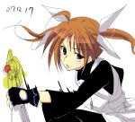  00s 1girl 2007 :o apron black_dress blush boshinote brown_hair dated dress fingerless_gloves gloves hair_ribbon holding holding_sword holding_weapon looking_at_viewer lyrical_nanoha magical_girl mahou_shoujo_lyrical_nanoha mahou_shoujo_lyrical_nanoha_a&#039;s mahou_shoujo_lyrical_nanoha_strikers motion_blur open_mouth raising_heart redhead ribbon simple_background solo sword takamachi_nanoha twintails upper_body violet_eyes weapon white_background 