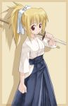  1girl bamboo_blade blonde_hair chiba_kirino hakama japanese_clothes kendo ponytail red_eyes shinai solo sword takano_natsuki weapon 