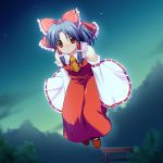  1girl ascot bare_shoulders black_hair bow detached_sleeves female flying hair_bow hair_tubes hakurei_reimu imperishable_night looking_at_viewer maroppe night night_sky orange_eyes red_bow red_ribbon red_shoes red_skirt ribbon ribbon-trimmed_sleeves ribbon_trim shoes sidelocks skirt sky solo star_(sky) torii touhou 