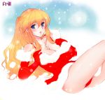  1girl akiyama_cindy blonde_hair blue_eyes blush breast_suppress breasts chikan_senyou_sharyou christmas cleavage cross dress elbow_gloves frills gloves gradient_hair jewelry koizumi_amane large_breasts long_hair lying mouth_hold multicolored_hair necklace on_back orange_hair panties pantyshot pantyshot_(lying) red_gloves red_panties santa_costume snow snowing solo thighs underwear 