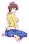  1girl amaha_masane antenna_hair ass barefoot breasts brown_hair butt_crack denim dimples_of_venus feet female jeans kazunari large_breasts looking_back pants sideboob sitting soles solo toes wariza witchblade 