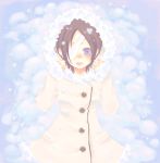  1girl arms_up buttons chrome_dokuro coat eyepatch from_above fur_trim katekyo_hitman_reborn long_sleeves looking_at_viewer lying on_back short_hair snow snowing solo winter winter_clothes winter_coat 