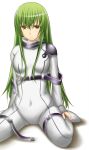  1girl armor bangs belt big_wednesday bodysuit breasts buckle c.c. code_geass collar covered_navel green_hair long_hair long_sleeves looking_at_viewer shadow shiny shiny_hair shoulder_pads sidelocks simple_background sitting skin_tight solo spread_legs very_long_hair wariza white_background yellow_eyes 