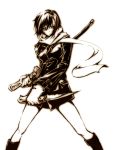  1girl blade dogs:_bullets_&amp;_carnage fuyumine_naoto kawakami_shuuichi knife monochrome scarf shu_(artist) solo sword weapon 