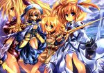  1boy 3girls alternate_weapon bardiche blonde_hair bow cape fate_testarossa fingerless_gloves gloves hat jacket kouno_hikaru lyrical_nanoha magical_girl mahou_shoujo_lyrical_nanoha mahou_shoujo_lyrical_nanoha_a&#039;s multiple_girls open_clothes open_jacket raising_heart red_bow schwertkreuz takamachi_nanoha twintails waist_cape weapon wings x_hair_ornament yagami_hayate yuuno_scrya 