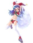  1girl blue_hair christmas hat jester_cap necktie santa_costume simple_background solo thigh-highs weno 