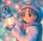  1girl blurry bokeh depth_of_field goto_p hat lantern mittens scarf solo winter 