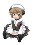  1girl cosplay di_gi_charat dress haibara_ai meitantei_conan nurse parody piyoko piyoko_(cosplay) pyocola_analogue sitting solo wanyan_aguda white_background 