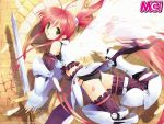  1girl armor ass game_cg green_eyes jpeg_artifacts long_hair magi-cu redhead solo sword thigh-highs ueda_ryou weapon wings 