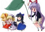  4girls :o animal_ears black_hair blonde_hair blush drill_hair fairy_wings female green_eyes lavender_hair leaf_umbrella long_hair luna_child minigirl multiple_girls orange_hair perfect_memento_in_strict_sense rabbit_ears rain red_eyes reisen_udongein_inaba smile star_sapphire sunny_milk tao tao_(kadoya) touhou wings yellow_eyes 