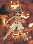  1girl barefoot bloomers feet female halloween jack-o&#039;-lantern kome_(404) konpaku_youmu pumpkin sarashi solo topless touhou underwear 