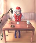  00s 1girl christmas indoors kunkun microphone microphone_stand rozen_maiden santa_costume solo stuffed_animal stuffed_toy suigintou table yuki_usagi_(mofurafu) 