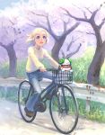  1girl :o bicycle blonde_hair blouse blue_eyes brown_shoes cherry_blossoms creature denim floating_hair grass ground_vehicle guard_rail jeans long_sleeves lowres open_mouth original outdoors pants road shoes solo tree weno weno&#039;s_blonde_original_character zipper 