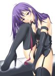  1girl bdsm big_wednesday boots fate/stay_night fate_(series) high_heels latex leather matou_sakura mouth_hold necktie purple_hair ribbon_in_mouth shoes solo thigh-highs violet_eyes 