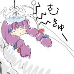  1girl bangs bed blanket blue_bow blunt_bangs bow closed_eyes female hair_bow lowres lying on_back patchouli_knowledge red_bow sack sick sidelocks sleeping solo touhou water 