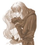  1boy 1girl blush brown clarine fire_emblem fire_emblem:_fuuin_no_tsurugi hug kiss lowres monochrome rutgar surprised 