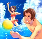  1boy 1girl angry ball beach bikini fujimura_kyuu kyon shirtless summer suzumiya_haruhi suzumiya_haruhi_no_yuuutsu swimsuit water 
