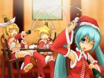  1boy 2girls aqua_hair brother_and_sister christmas hatsune_miku kagamine_len kagamine_rin multiple_girls siblings twins twintails vocaloid 