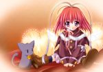  1girl amane_sou bell cat frilled_pillow frills heart heart_pillow highres jingle_bell kisaragi_haruka pillow redhead sayorana_etranger short_hair solo violet_eyes 