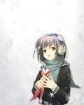  1girl dasoku_sentarou headphones original scarf school_uniform serafuku snow snowflakes snowing solo 